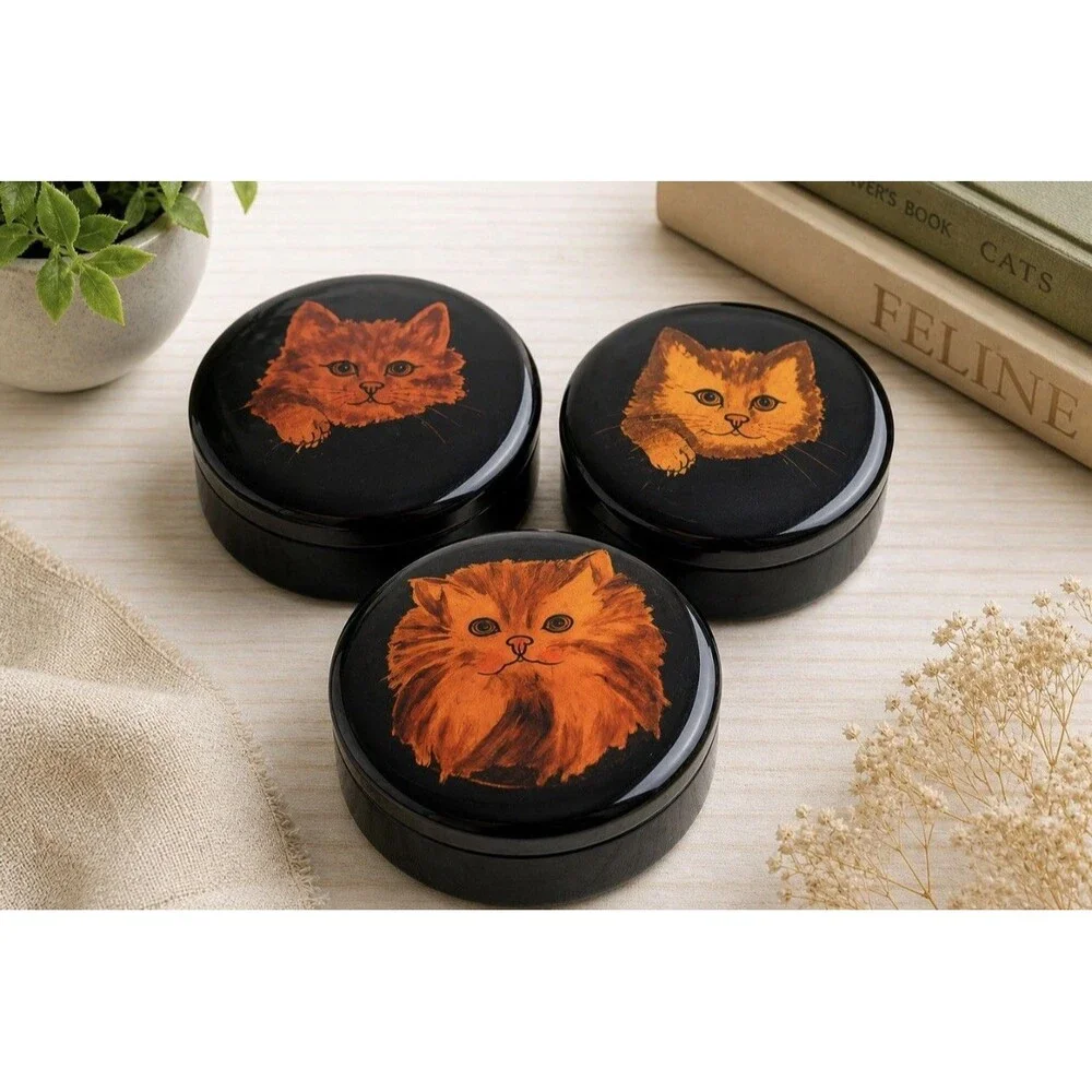 Vintage Wood Black Lacquer Set of 3 Large Cat Trinket Boxes Handpainted